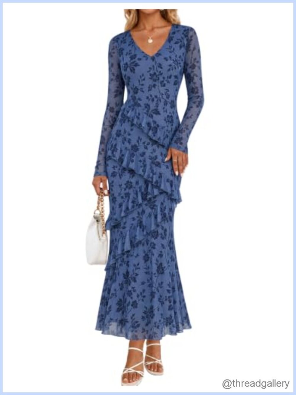 Women's Fall Wedding Guest Floral Mesh Long Sleeve Bodycon Maxi Dress